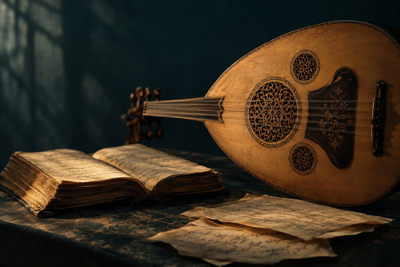 عود وكتاب تحت ضوء ذهبي